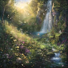 Enchanting Meadow Waterfall A Verdant Fairy Realm Concealed in Shimmering Sunlight