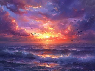 In the sky dreamscape, fish swim through the air around clouds; people fly on bird back amidst twilight hues