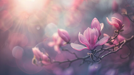 A branch of pink magnolia flowers with a blurry background.

