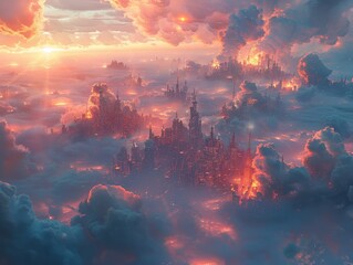 City rises on cloud, skyscrapers pierce mist, commuters ride wind currents, ethereal dawn illuminates - obrazy, fototapety, plakaty