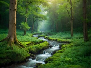 Obraz premium Lush green forest with mountains at sunset, a serene natural landscape