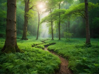 Obraz premium Lush green forest with mountains at sunset, a serene natural landscape