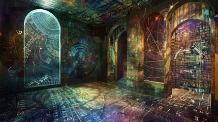 Abstract Numerology Art Gallery in Mystical Setting - obrazy, fototapety, plakaty