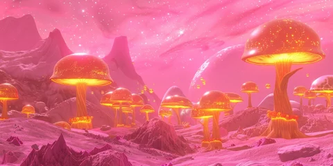 Fotobehang Glowing mushrooms on an alien landscape with a pink starry sky, banner © Aksana