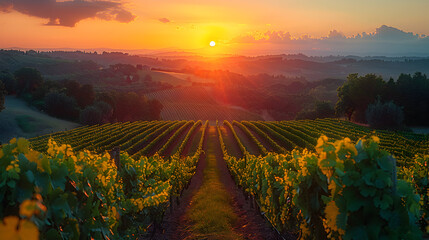 Vineyard with rows of grapevines and setting sun in the background,
A vineyard at sunset with a sunset behind

 - obrazy, fototapety, plakaty