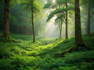 Obraz premium Lush green forest with mountains at sunset, a serene natural landscape