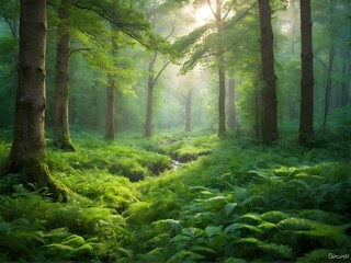 Obraz premium Lush green forest with mountains at sunset, a serene natural landscape