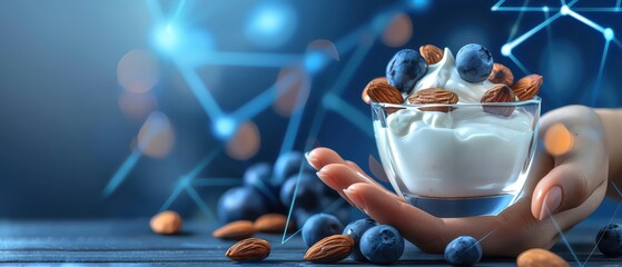 Greek yogurt and almonds served as a snack, each serving a closeup of simple, proteinrich food choices - obrazy, fototapety, plakaty