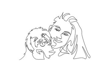 Continuous Line Art of Motherhood, Dog mom, Happy Mother day card, one line drawing, parent and child silhouette hand drawn. Vector illustration