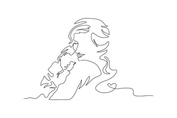 Continuous Line Art of Motherhood, Hug Baby, Happy Mother day card, one line drawing, parent and child silhouette hand drawn. Vector illustration