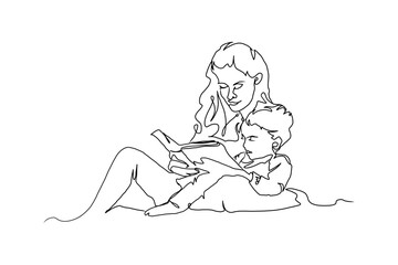 Continuous Line Art of Motherhood, reading book, Happy Mother day card, one line drawing, parent and child silhouette hand drawn. Vector illustration
