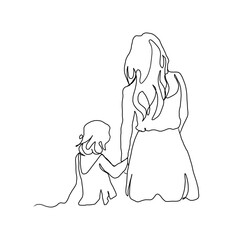 Continuous Line Art of Motherhood, walk together, Happy Mother day card, one line drawing, parent and child silhouette hand drawn. Vector illustration