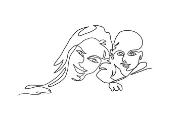 Continuous Line Art of Motherhood, Hug Baby, Happy Mother day card, one line drawing, parent and child silhouette hand drawn. Vector illustration