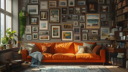 A well-lit living room boasting an orange sofa, an artistic gallery wall with diverse framed pictures, and a richly stocked bookshelf basked in natural sunlight. - Powered by Adobe