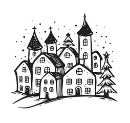 Obraz na płótnie Canvas Christmas home, Sketch, Pictogram Art, Black on white image