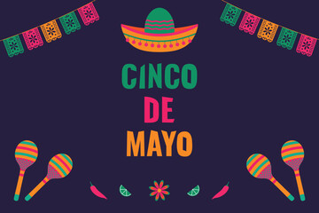Cinco de Mayo vector banner with maracas, flags, avocados, lemons, flowers, chili peppers. Vector illustration.