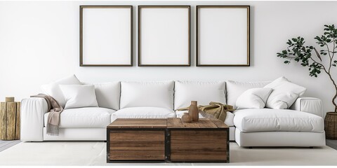 Square coffee table near white sofa and rustic cabinets against white wall with blank poster frames with copy space. Japanese home interior design of modern living room.