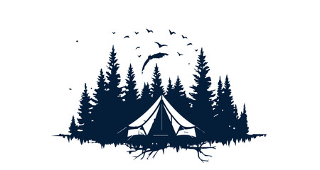 Camping in nature, Tent, Forests, Hand drawn style, vector illustrations	