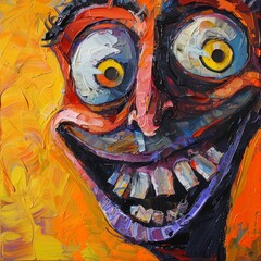 Obraz premium Man with comically large eyes, an extreme smile, in surreal colors depicts exaggerated emotions portrait