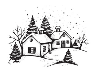 Christmas home, Sketch, Pictogram Art, Black on white image