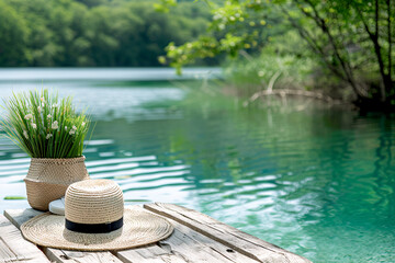 Obraz premium A serene lake scene with a wooden bridge and reflection of trees in the water