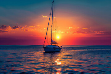 Sailboat sailing in ocean at sunset. Sea voyage