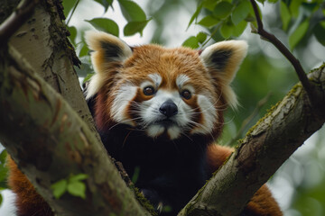 Red Panda on tree branch in forest habitat. Endangered animal in wildlife. Cute lazy bear with funny muzzle