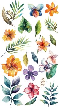 A collection of colorful flowers and leaves, including yellow, purple