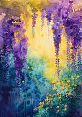 A tranquil flower garden painted in soft hues of Wisteria purple, melon green, and lemon yellow using minimalist 1D watercolor techniques. Evokes a sense of tranquility and spaciousness