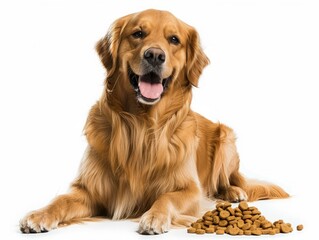 Golden retriever lies next to some dog food, golden retriever and pile of dog food.