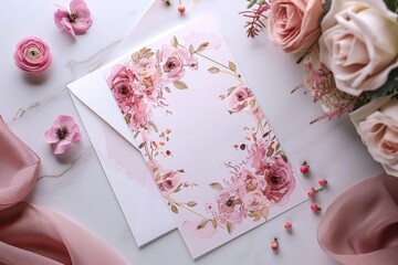 A card with a pink flower design sits on a table with a bouquet of pink roses