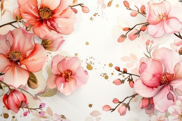 A watercolor painting of pink flowers with gold accents