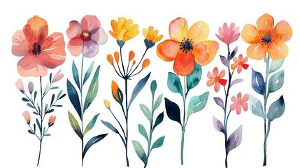 A row of watercolor flowers with a variety of colors and sizes