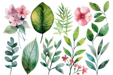 A collection of watercolor flowers and leaves - obrazy, fototapety, plakaty