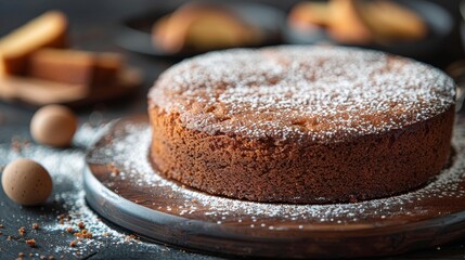 An isolated white background shows a cake with powdered sugar - obrazy, fototapety, plakaty