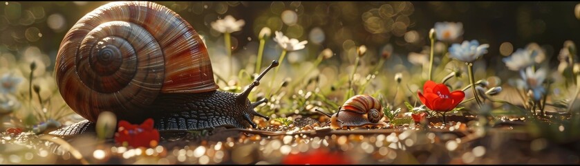 The exaggerated scale of a tiny human walking alongside giant snails in a garden, oversized flowers, and insects - obrazy, fototapety, plakaty