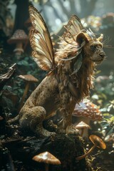 Obraz premium Fantasy creature, a lion with butterfly wings, roaming a mystical land with giant mushrooms and sparkling rivers