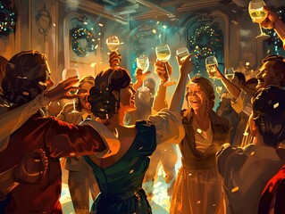 Fototapeta premium Joyous New Year s Eve with Friends Clinking Glasses and Toasting in Festively Decorated Room