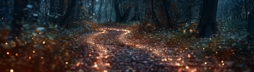 Adventurers stroll through a forest path glowing underfoot, unveiling a secret magical village at dusk - obrazy, fototapety, plakaty