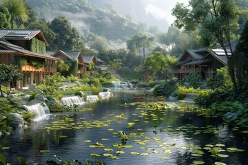 Serene scene of a community powered by hydropower, emphasizing harmony with nature. Serene riverside retreat with cascades and lily pads, traditional architecture amidst lush greenery. - obrazy, fototapety, plakaty