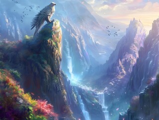 Majestic Griffin Overlooking Enchanting Fantasy Landscape with Glowing Waterfalls and Flora - obrazy, fototapety, plakaty