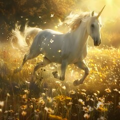 Obraz na płótnie Canvas Majestic Unicorn Galloping Through a Radiant Meadow of Blooming Wildflowers Under a Golden Sunlit Sky