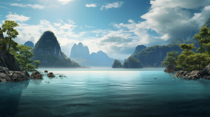 Obraz premium Sea, mountain, sky and boat wallpapers Created with Generative AI technology.