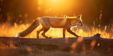 Fox walks across fallen tree trunk towards camera, fox walks across fallen log as the sun sets behind it.