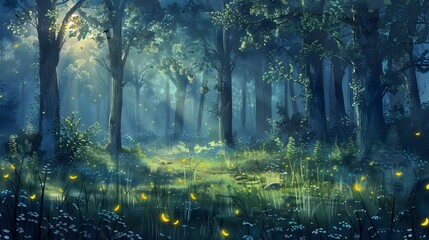 Moonlit Forest Clearing with Glowing Fireflies in Ethereal Digital Landscape Painting