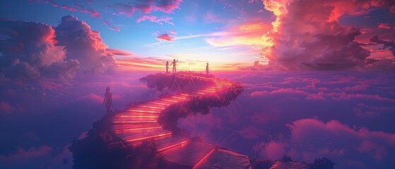 People ascend a twisting staircase to reach clouds against a sunset sky backdrop