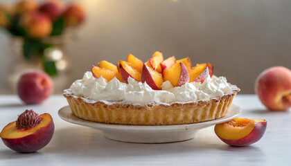 Pie with whipped cream and fresh peaches on white table. Tasty dessert with summer fruit. Sweet food