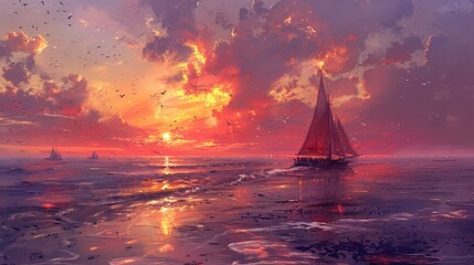 In this fantastical world, boats glide across the sky, fish soar beneath, lit by sunset hues