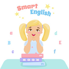 Girl with books, learning, smiling, studying English. Vector cartoon illustration. Motivation for learning.