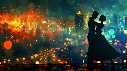 Romantic Couple Dancing in Vibrant Cityscape at Night